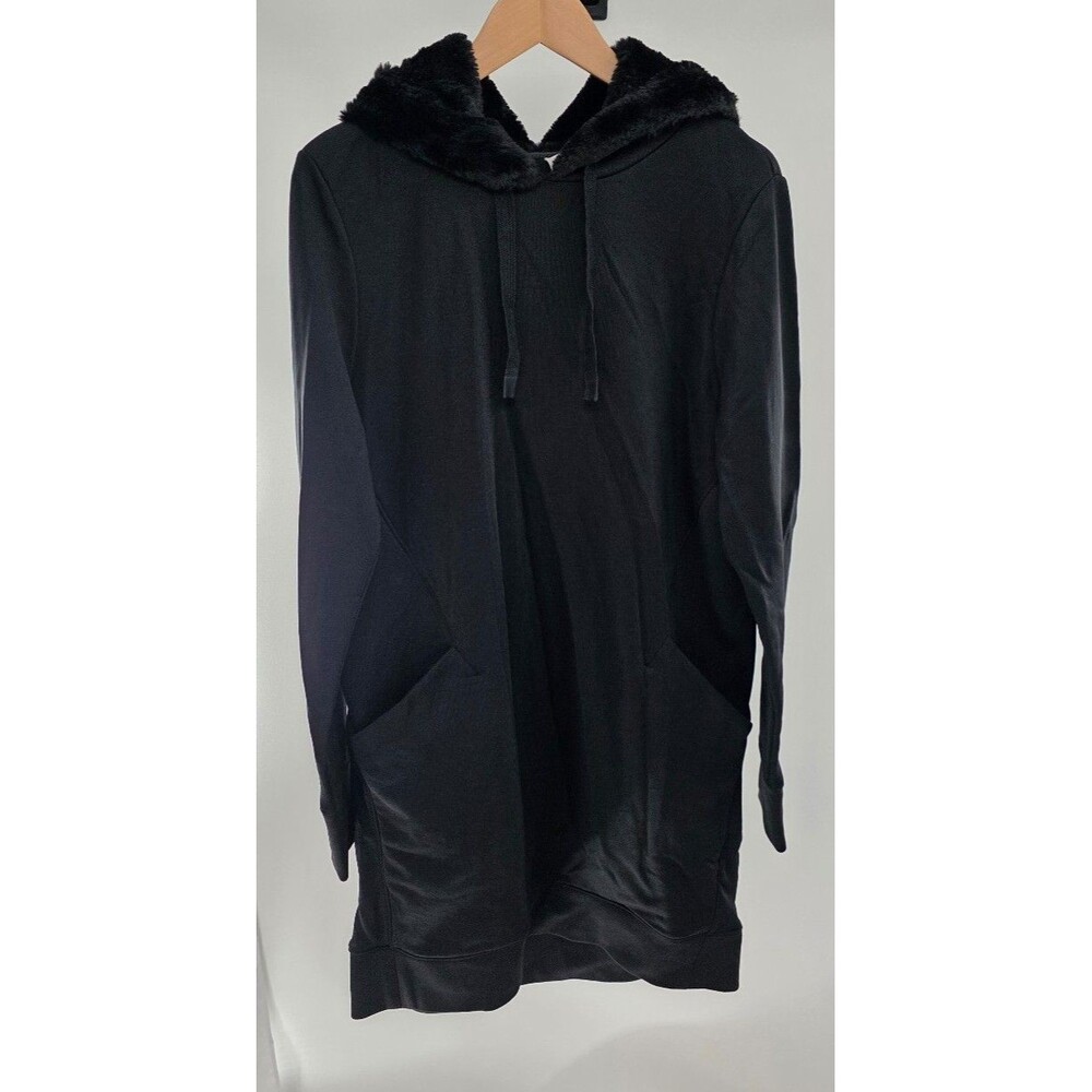 Athleta Triumph Luxe Shine hoodie dress in black with a faux-fur hood